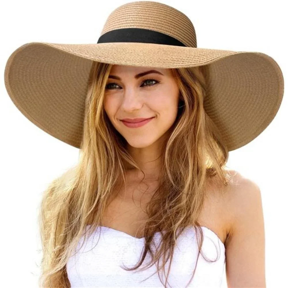 Womens Sun Hat UV Protection Wide Brim Beach Hat Floppy Foldable Straw Hats - Picture 1 of 7